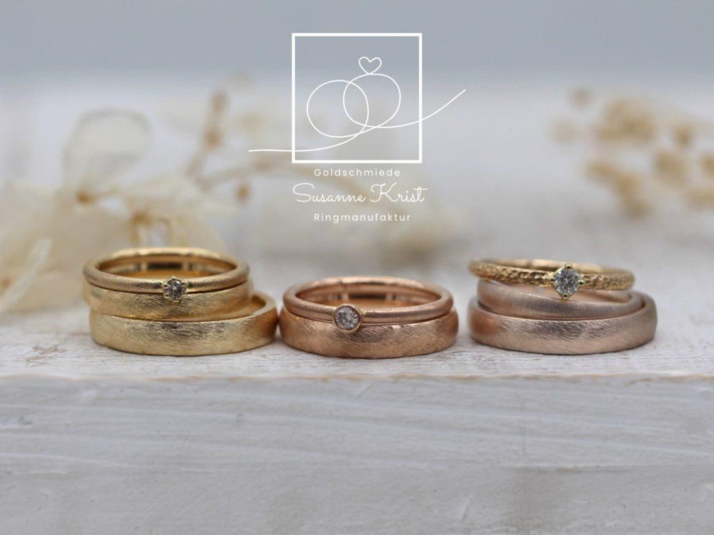 Auswahl an Trauringen: Gold, Rotgold und das hellbraune Toffeegold bzw. Haselnussgold.