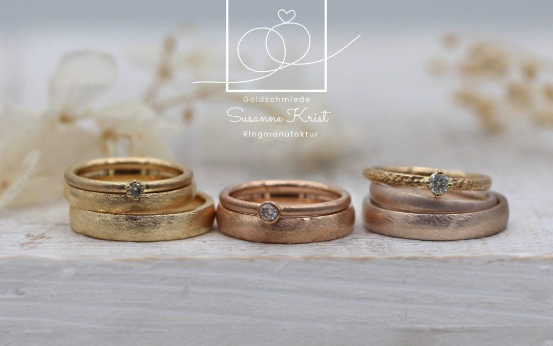 Auswahl an Trauringen: Gold, Rotgold und das hellbraune Toffeegold bzw. Haselnussgold.