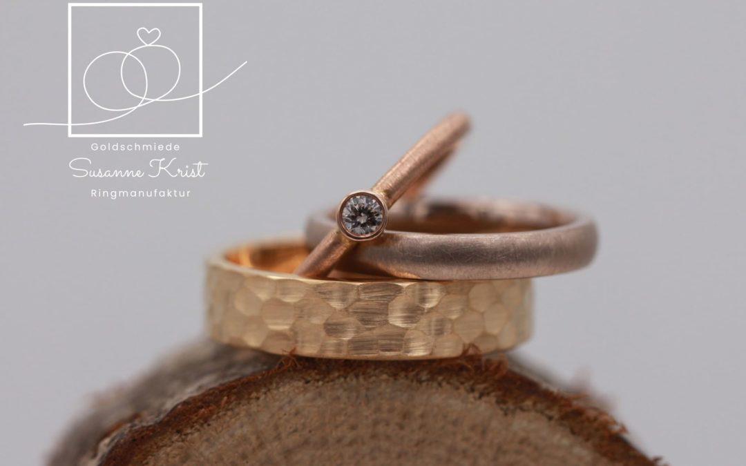 Kombination aus Rosegoldtrauring, Rotgoldring und Haselnussgoldring